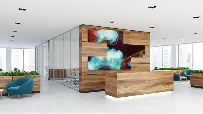 contemporary corporate lobby with video wall