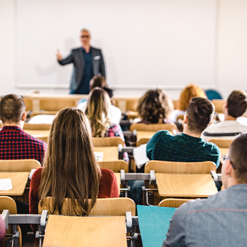 hybrid learning space with students and professor 