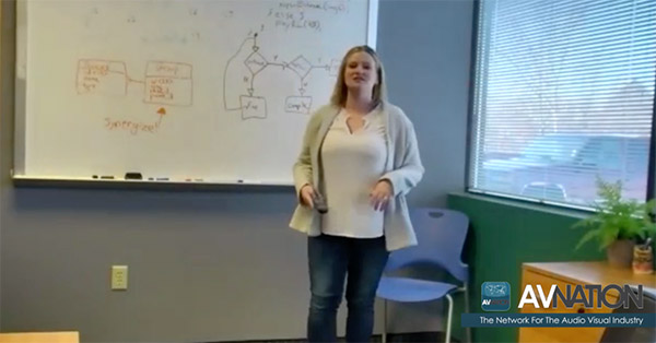 Professor teaching remotely on video, using the ConferenceSHOT AV Camera Bundle with one TableMIC to help pick up the audio by a whiteboard.