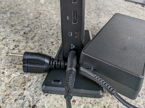 Self Powered USB Type-C docking station showing proprietary power connection, USB Type-C monitor and DisplayPort ports.
