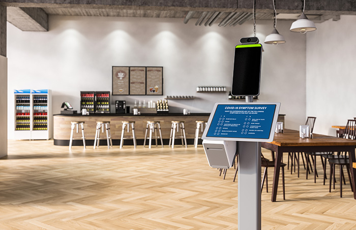 Tablet stand outside a retail location.