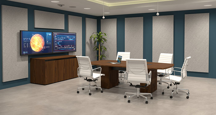 Conference room with displays, credenza, table and ceiling mics.