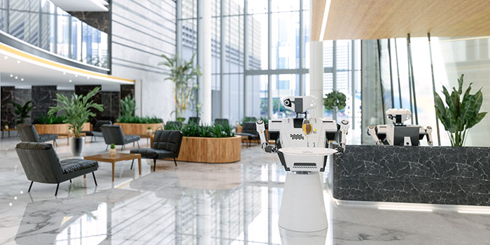 Robot staff in a hotel lobby.