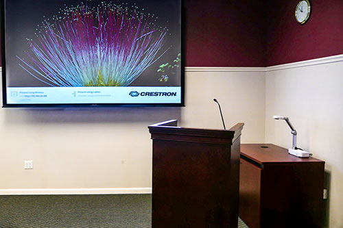 City Council Chambers set up with AV equipment for live streaming government meetings.