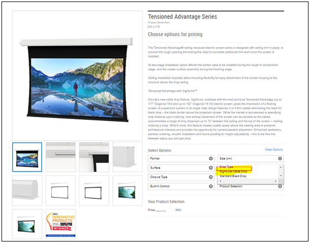 Screenshot of a Da-Lite product page with the cable drop option highlighted