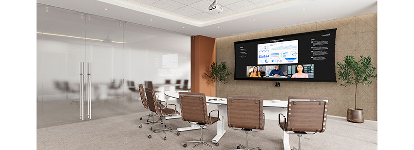 ultrawide projection screen in a conference room