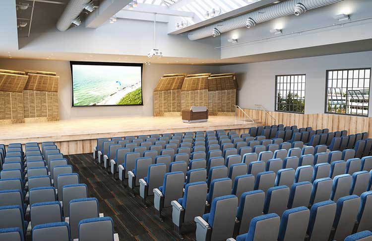 Digital rendering of a lecture hall with AV equipment.