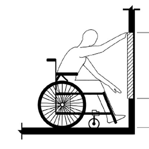 Illustration of a person in a wheelchair to show range of reach when facing a wall.