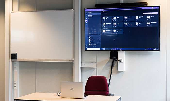 Classroom with camera and display.