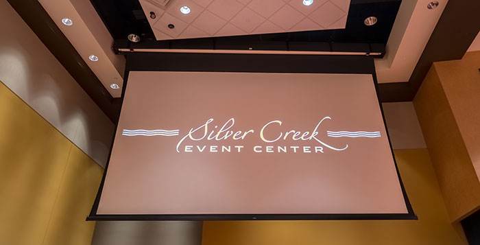 An angled installation of the screens, which are customized to fit ceiling soffits