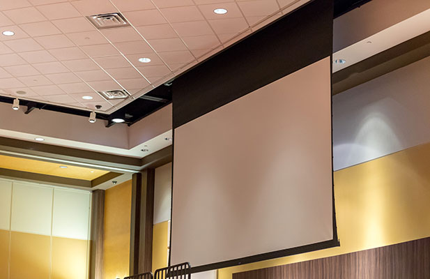 One of the Tensioned Cosmopolitan screens installed along the side of the ballroom