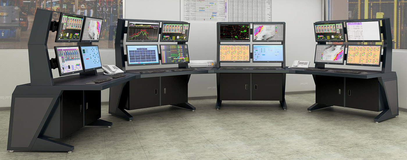 Set of consoles configured in a room