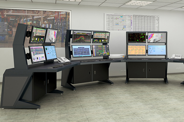 Set of consoles configured in a room