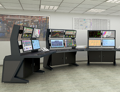 Set of consoles configured in a room