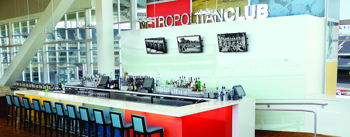 Concession area with mounted displays.