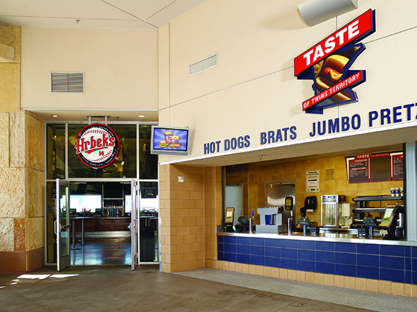 Concession area with mounted displays.