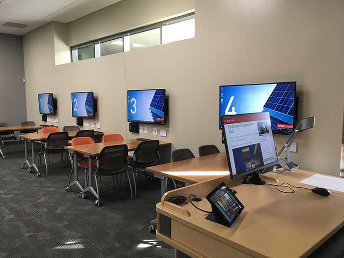 Flipped classroom example with four different group desks.