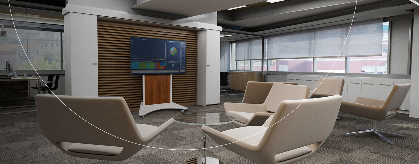 Hybrid conference room with mobile cart and camera.