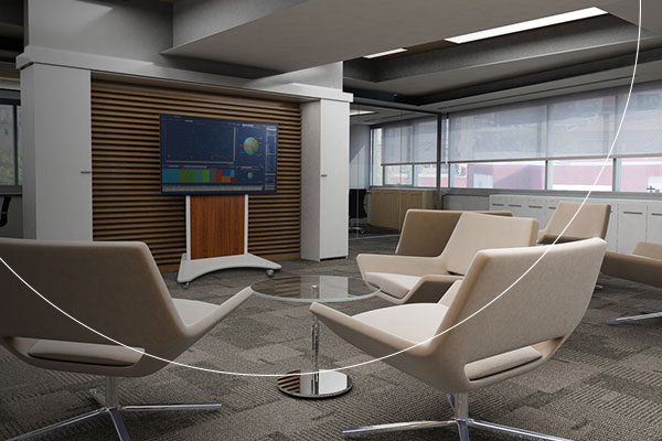 Hybrid conference room with mobile cart and camera.