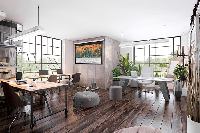 Office with a screen on the wall.