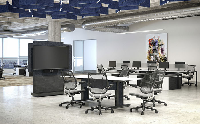 Forum Collaboration Suite with Angle Table in an Office.