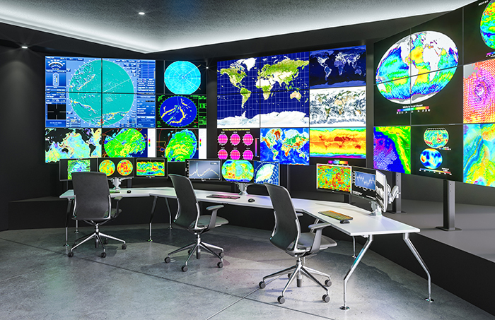 Control room with monitor mounts and video wall