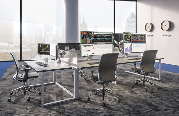 Trading floor with triple and quad monitor mounts