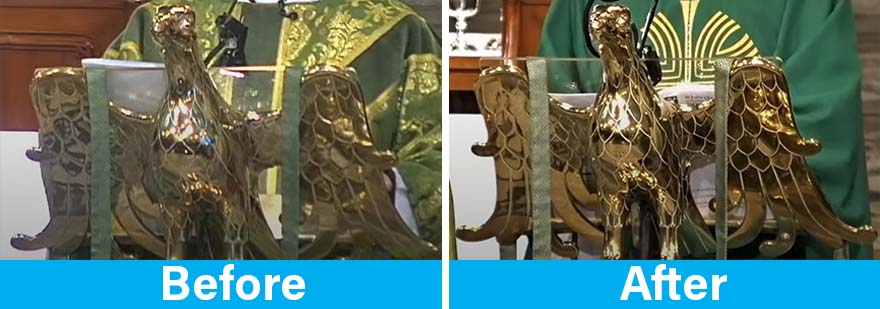 before and after of golden bird at lectern, showing image quality improvement