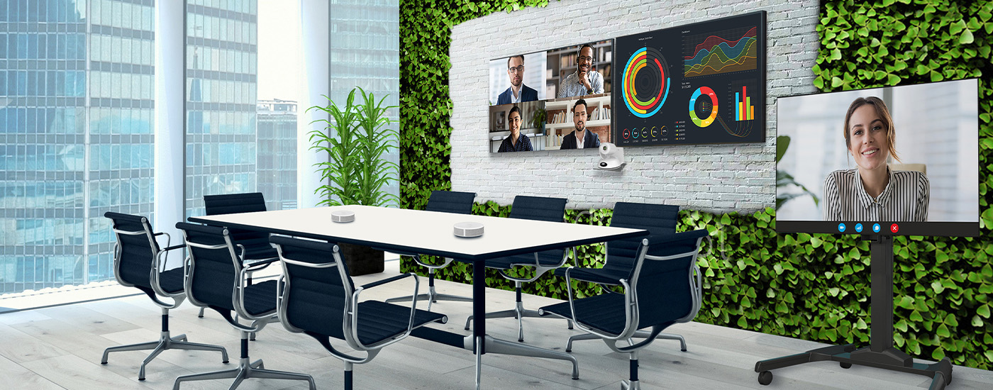 Conference room with table microphones and ptz camera