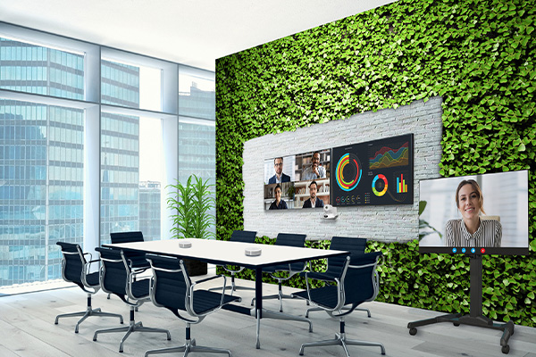 Conference room with table microphones and ptz camera