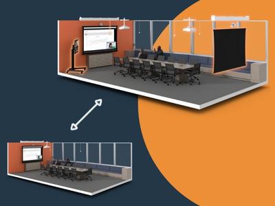 Two renderings of a boardroom, one with an AV system for now and one showing added capabilities for later.
