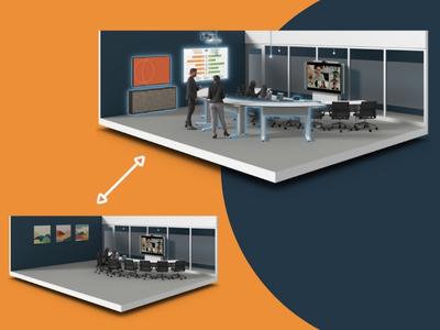 Two renderings of a medium-sized conference room, one with an AV system for now and one showing added capabilities for later.