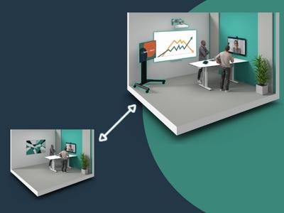 Two renderings of a small conference room, one with an AV solution for now and one showing added capabilities for later.