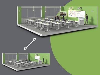 Two renderings of a training room, one with an AV solution for now and one showing added capabilities for later.