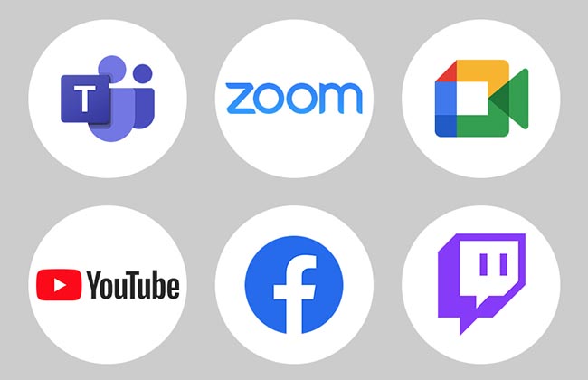 Compilation of video soft client logos including microsoft teams, zoom, google meet, youtube, facebook, twitch