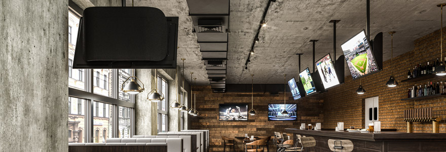 ceiling mounted displays in a bar