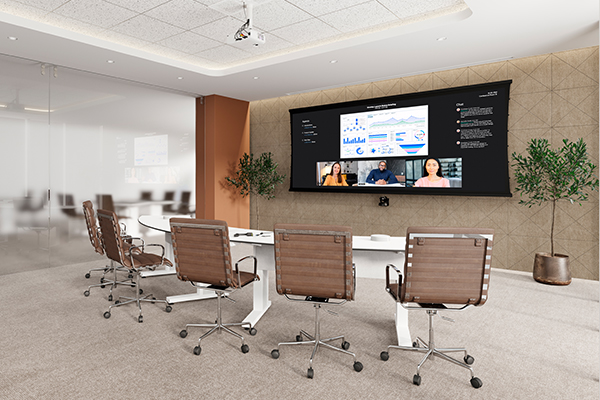 Da-Lite ultrawide projection screen used for video conferencing in a boardroom.
