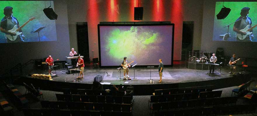 Contemporary worship service being live streamed.